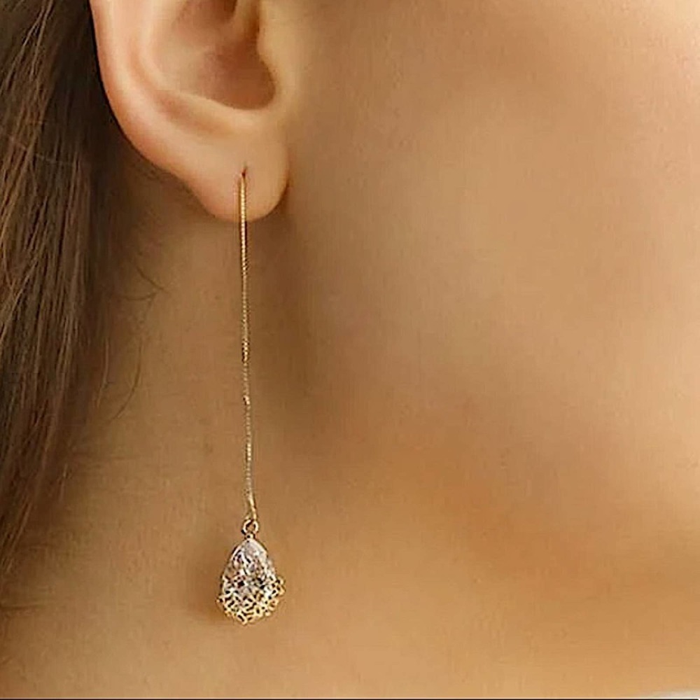 Gold Rhinestone Water Drop Threader Earrings - Picture 3 of 3